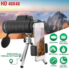 40x40 HD Optical Monocular Telescope w/ FMC Lens Low Light Vision Scope Phone Holder Tripod Compass (Color: Black)