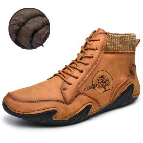 Spring Autumn High Top Leather Shoes Winter Fleece Martin Boots Men Casual Sport Waterproof 38-48 Sock Mouth Outdoor Retro Cozy (Color: Brown (Fleece))