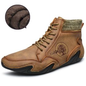 Spring Autumn High Top Leather Shoes Winter Fleece Martin Boots Men Casual Sport Waterproof 38-48 Sock Mouth Outdoor Retro Cozy (Color: Khaki (Fleece))