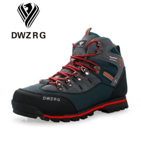 DWZRG Men Hiking Shoes Waterproof Leather Shoes Climbing & Fishing Shoes New Popular Outdoor Shoes Men High Top Winter Boots (Color: Dark Blue Red)